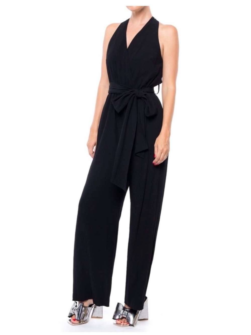 Meghan Fabulous Disco Sleeveless Black Jumpsuit with Tie Waist